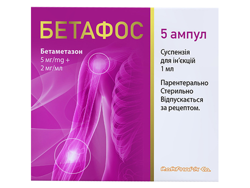 Ціни на Бетафос сусп. для ін. 5 мг/2 мг/мл амп. 1 мл №5