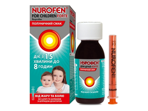 Ціни на Нурофєн для дітей форте сусп. орал. 200 мг/5 мл фл. 100 мл полуниця