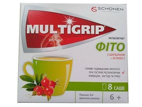 Мультигрип Фито с шиповником + витамин C пор. для орал. раствора саше №8