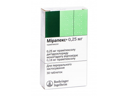 Ціни на Мірапекс табл. 0,25 мг №30 (10х3)