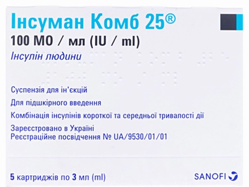 Ціни на Інсуман комб 25 сусп. для ін. 100 МО/мл картр. 3 мл №5