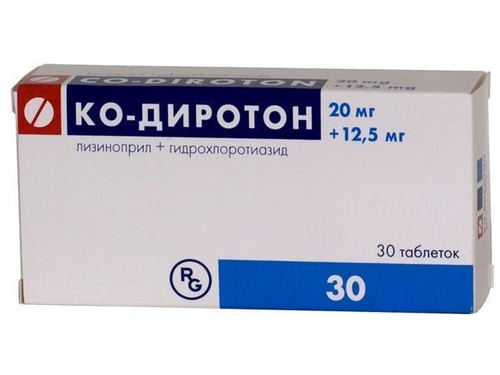 Ціни на Ко-Диротон табл. 20 мг/12,5 мг №30 (10х3)