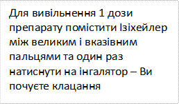 Для вивільнення 1 дози препарату помістити Ізіхейлер між великим і вказівним пальцями та один раз натиснути на інгалятор – Ви почуєте клацання